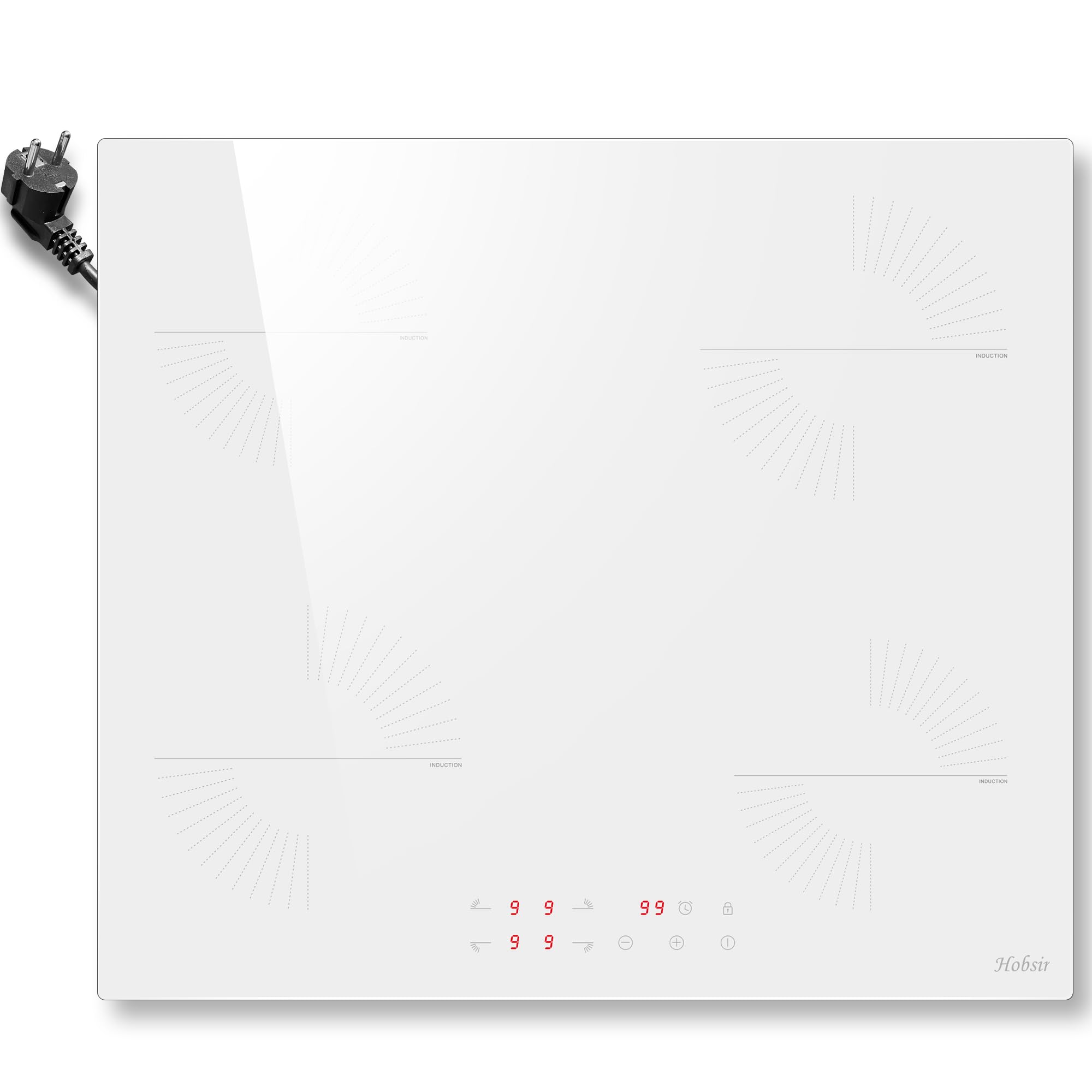Hobsir Piano Cottura Induzione Bianco 4 Fuochi con Spina, Piastra Induzione da Incasso 60CM, Vetroceramica Bianca, Comandi Touch, 9 Livelli di Potenza, Timer e Sicurezza Bambini, 220V, 3500 W