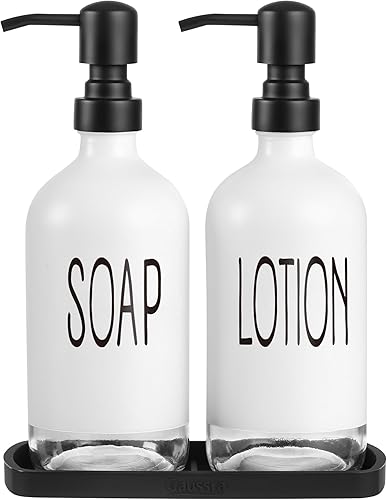 Juego de dispensador de jabón de baño con bandeja, dispensador de jabón de manos y loción de 16 onzas, bomba de acero inoxidable, dispensador de