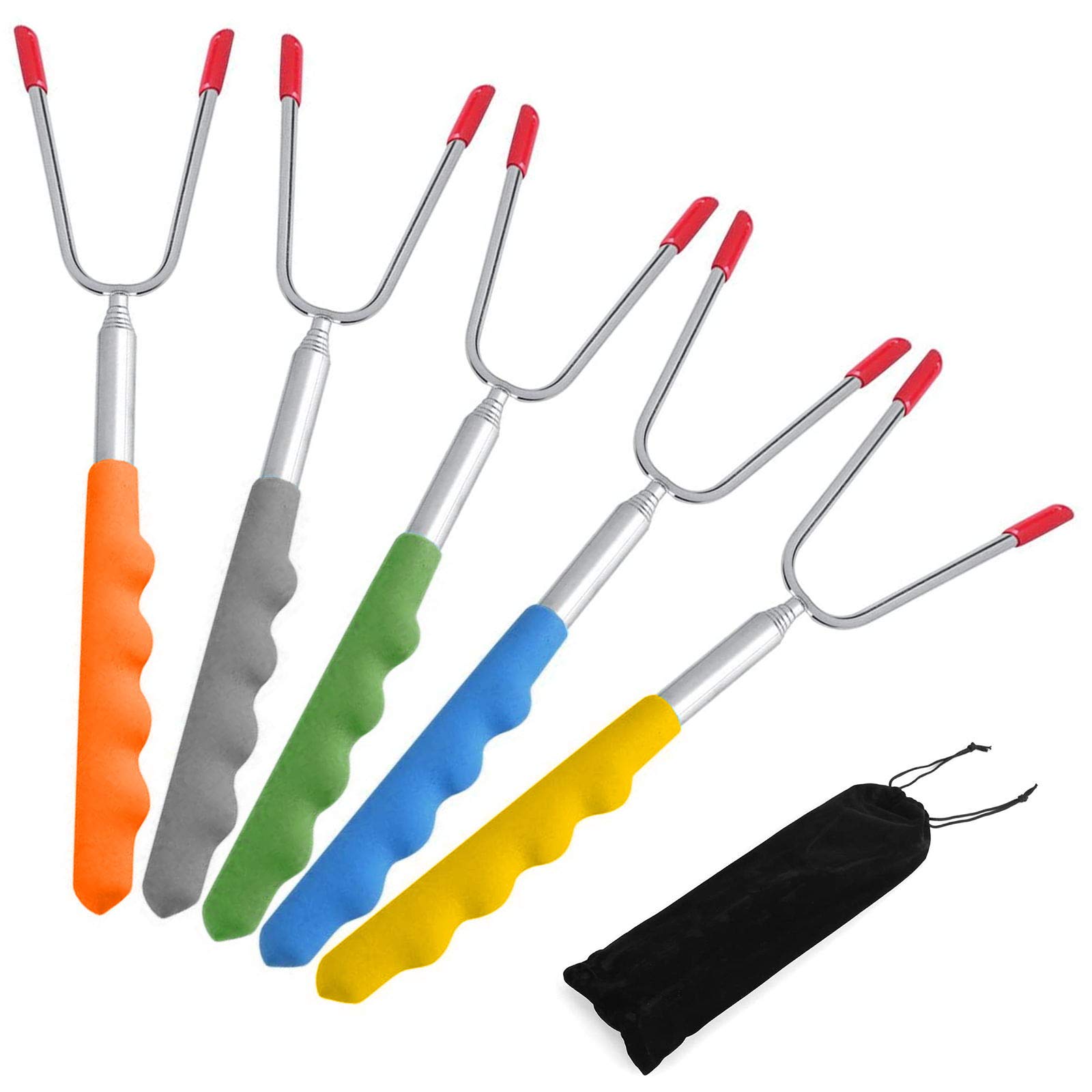 HQCM Marshmallow Roasting Sticks 5 PCS 45'' Marshmallow Toasting Kit Extendable Stainless Telescoping Forks Hot Dog Smores Skewers for Kids BBQ Accessories with a Drawstring Bag