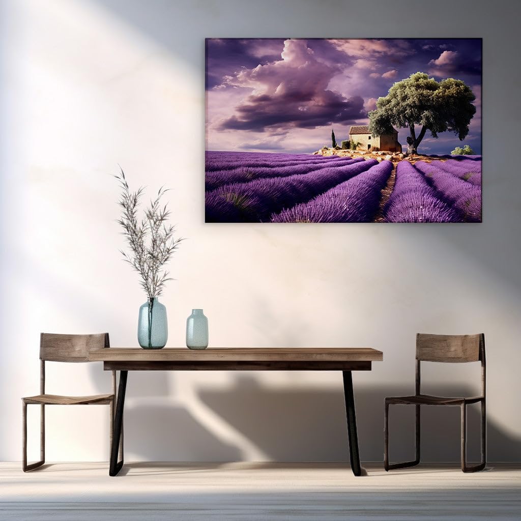 Canvas for Living room. Lavender Dreamscape: A House Amongst a Sea of Blooms Under a Brooding Sky, 27 x 18 inch Canvas Wall Art - Contemporary Masterpieces - Inspirational Office Decor