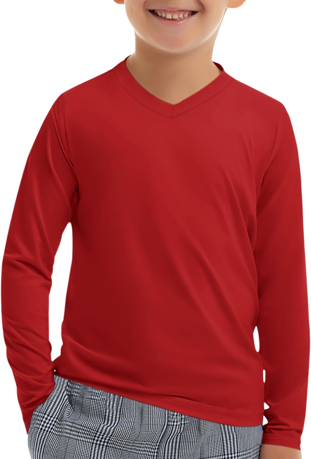 Boys Long Sleeve Shirts Dry Fit Athletic T Shirts for Teens Kids V-Neck Comfy Tops Tees 5-14 Years