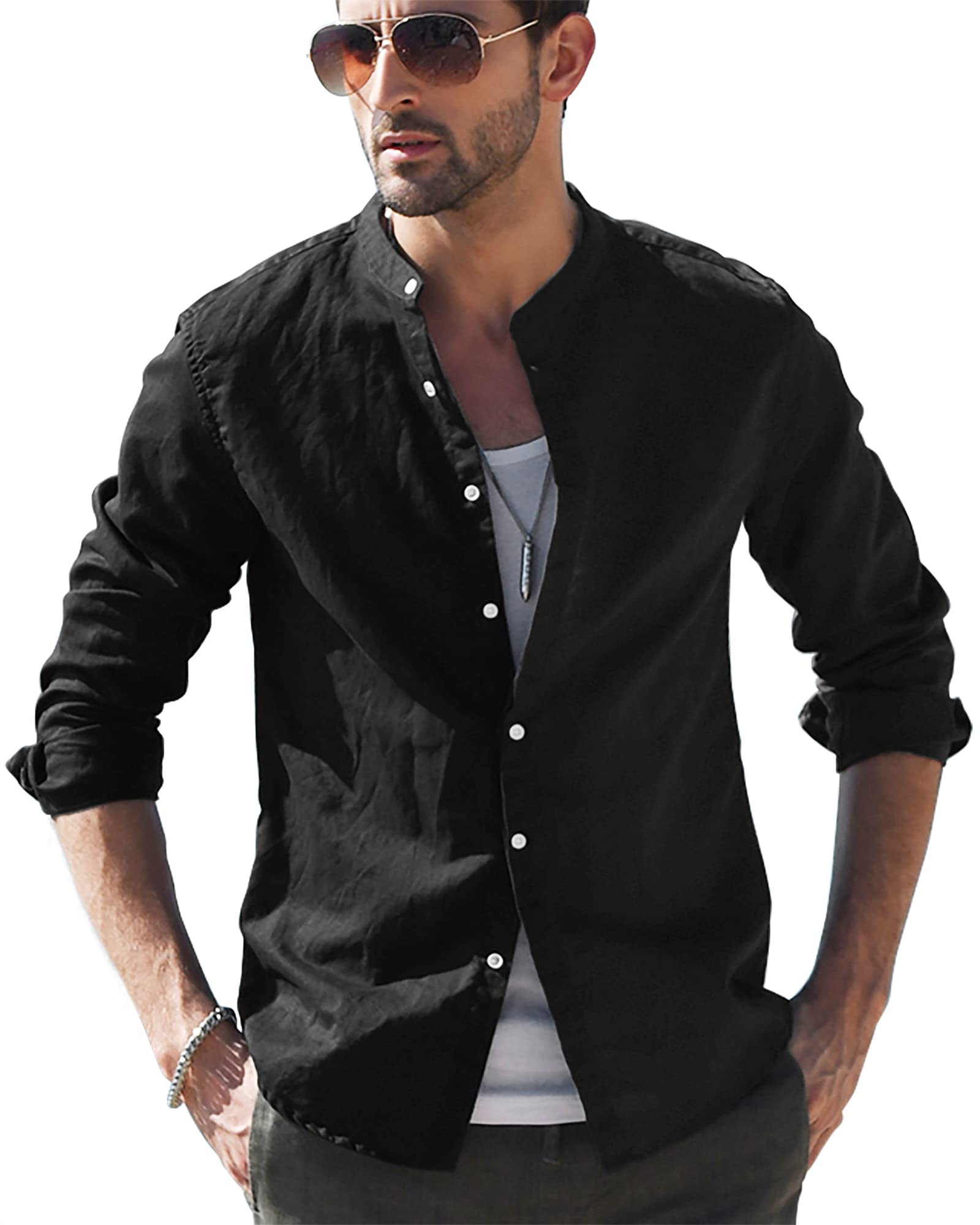 LVCBL Hemd Herren Langarm Henley Sommerhemd Herren Freizeithemd Leinenhemd Regular Fit Men Shirts