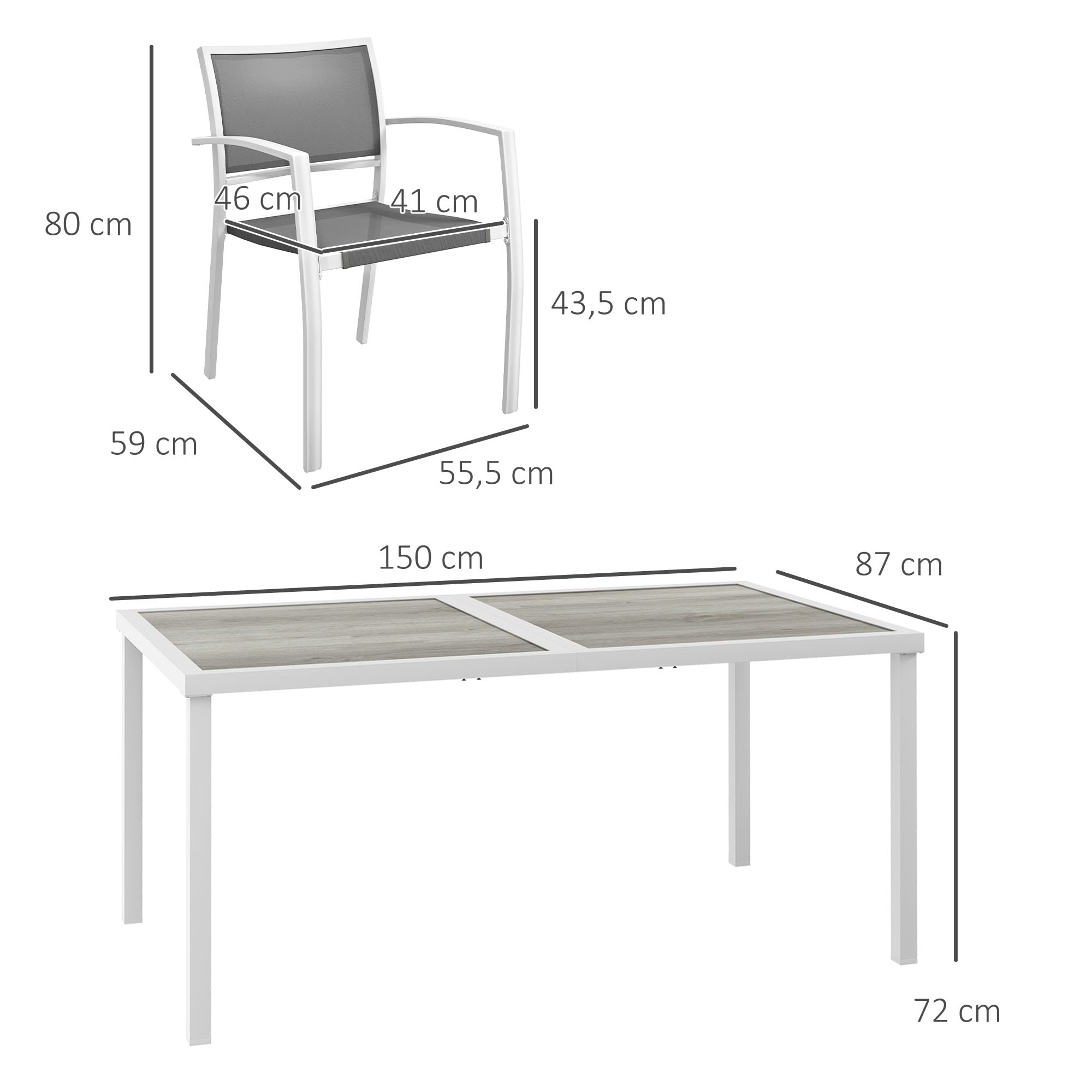 Outsunny Conjunto de Comedor de Exterior Juego de Comedor de Jardín de 7 Piezas con 6 Sillas Apilables y 1 Mesa Rectangular Estilo Moderno para Patio Terraza Blanco y Gris