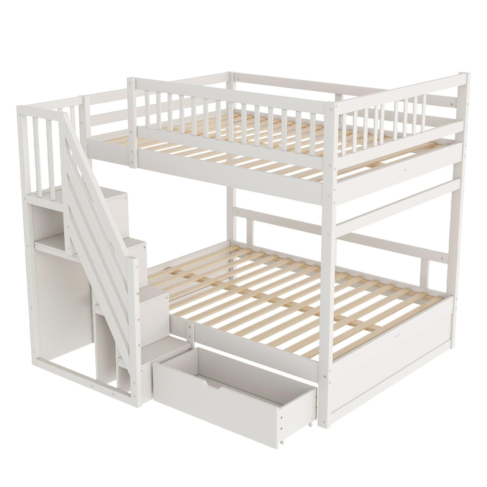 Lit Superposé Enfant 140x200cm,Lit Superposé 2 Places avec Tiroir,Escalier de Rangement,Barrière Haut,Cadre en Bois Massif,Sommier à Lattes Solide,pour Enfants Ados(Blanc 1, 140x200)