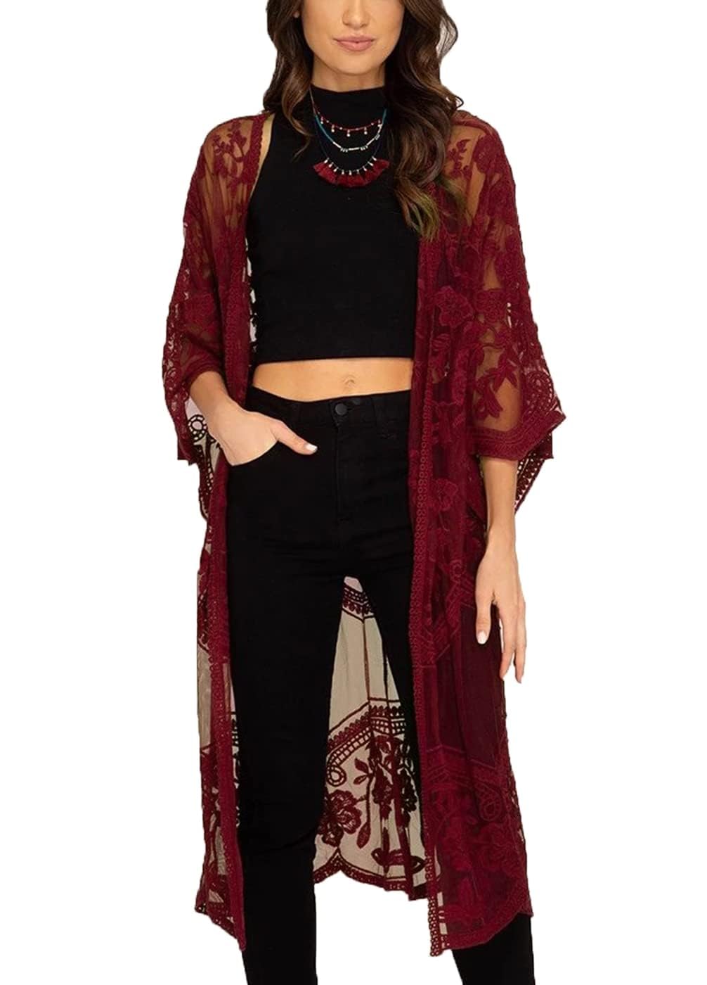 FaroDor Womens Long Flowy Lace Crochet Kimono Cardigan Boho Style Summer Beach Cover Ups Wine Red