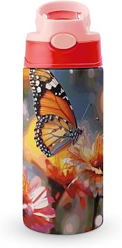 Bloom Flower And Butterfly Pop-top Water Bottle with Handle, 304 Stainless Steel Vacuum Insulated, Leak-Proof for Sports And Travel