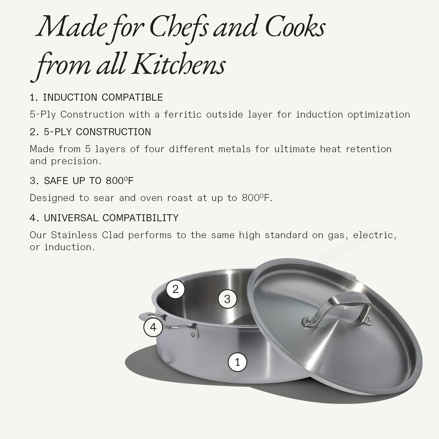 Made In Cookware - Pentola Rondeau in Acciaio Inossidabile da 10 Quarti con Coperchio - Prodotto in Italia - Rivestimento Inossidabile a 5 Strati - Pentole Professionali - Compatibile con Induzione
