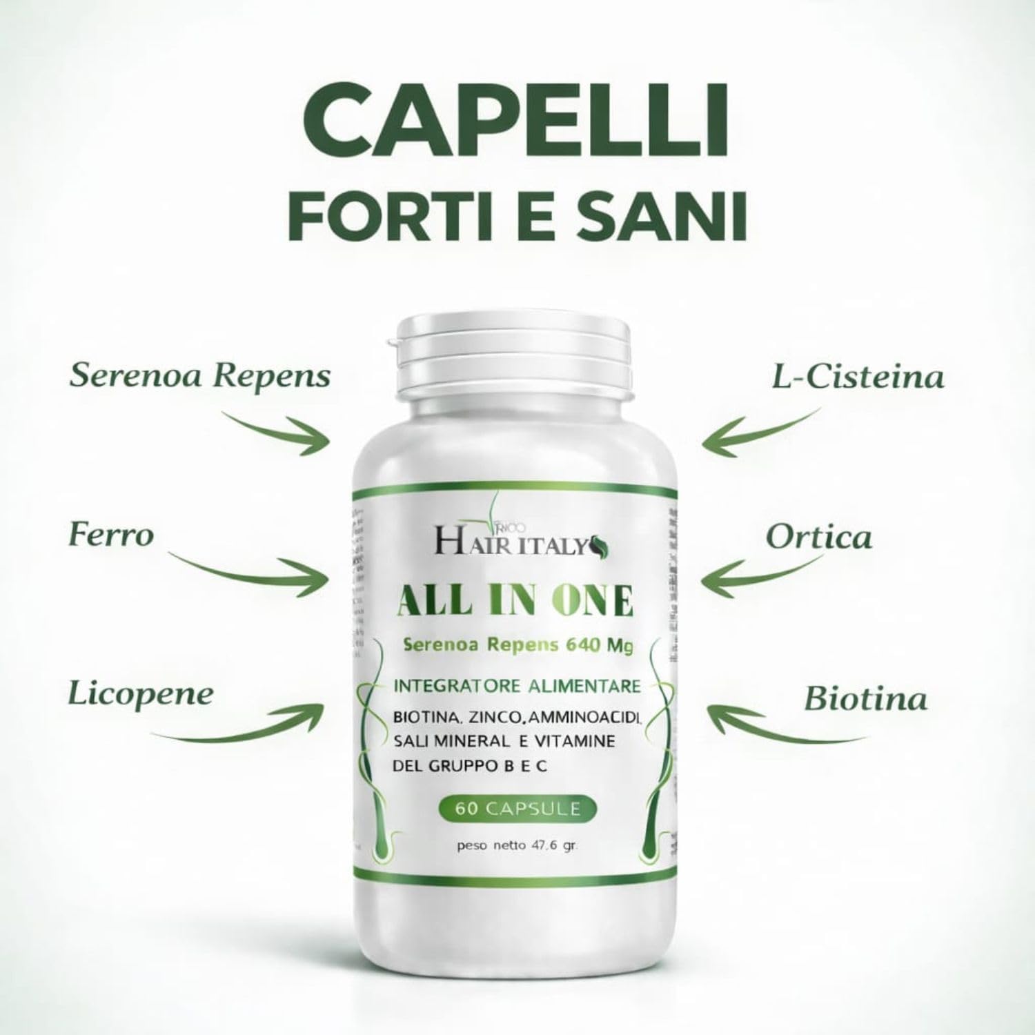 Integratore capelli e Vitamine capelli + serenoa repens+biotina+zinco+Selenio+Saw Palmetto e Caffeina.Multivitaminico Estratti Vegetali e Vitamine,Supporta la crescita aiuta contro la caduta.
