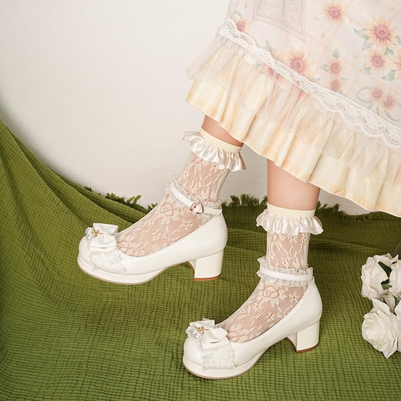 Seborluys Women's Sweet Lolita Cosplay Shoes Mid Chunky Heel Kawaii Platform Mary Jane Dress Pumps Ankle Strap with Lace Bow3