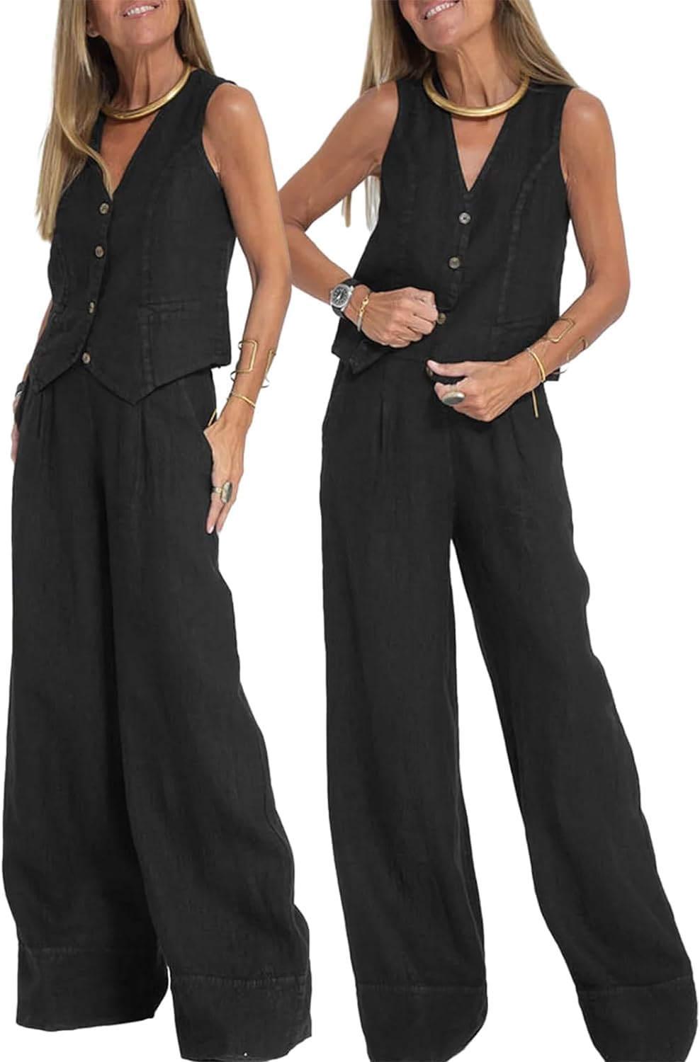 Conjunto de 2 piezas para mujer, cuello en V, sin mangas, con botones, pantalones de pierna ancha, traje de 2 piezas, conjunto de lino a juego de verano