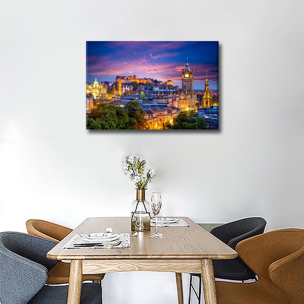 Edinburgh Night Scene View from Calton Hill Modern Cityscape Wall Art for Living Room Wall Decor City Skyline Paintings on Canvas Stretched and Framed Prints 24"x16" - Image 4