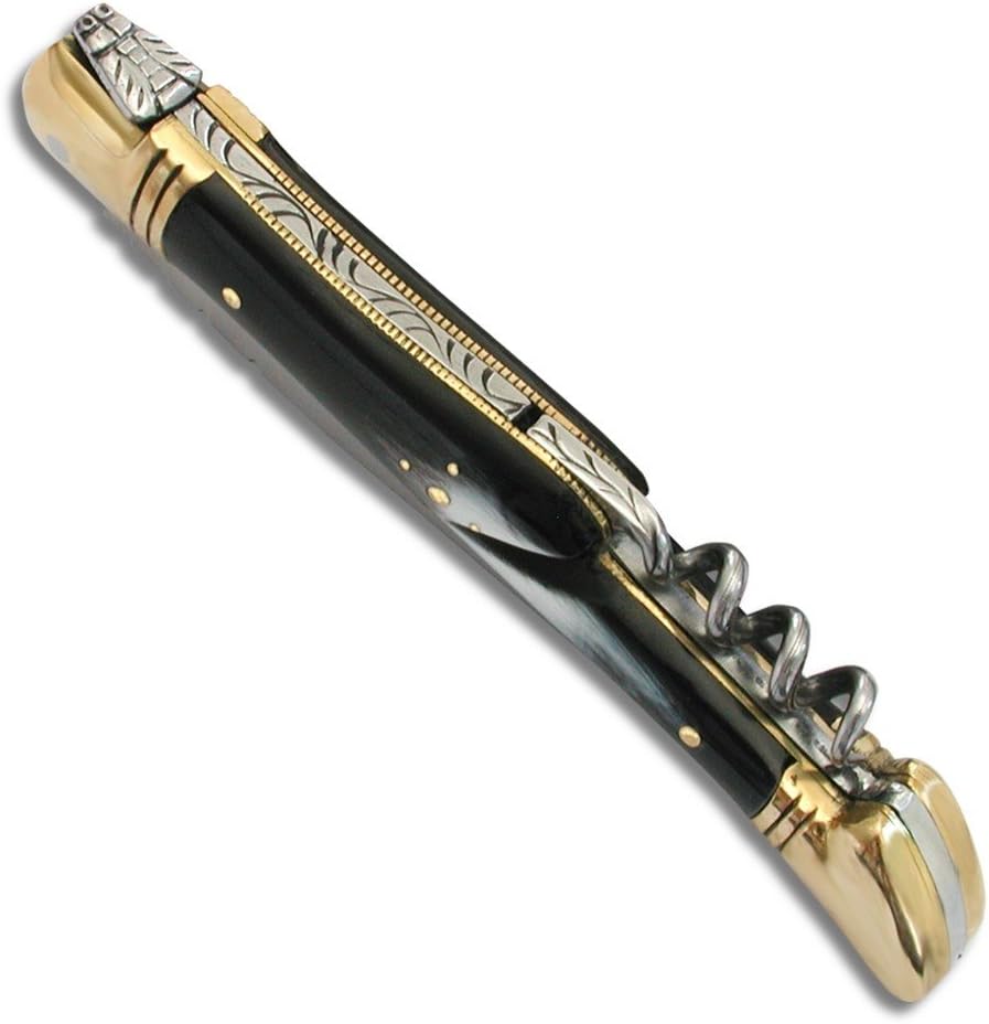 Laguiole pocket knife with Black Horn handle and brass bolsters, corkscrew - Direct from France