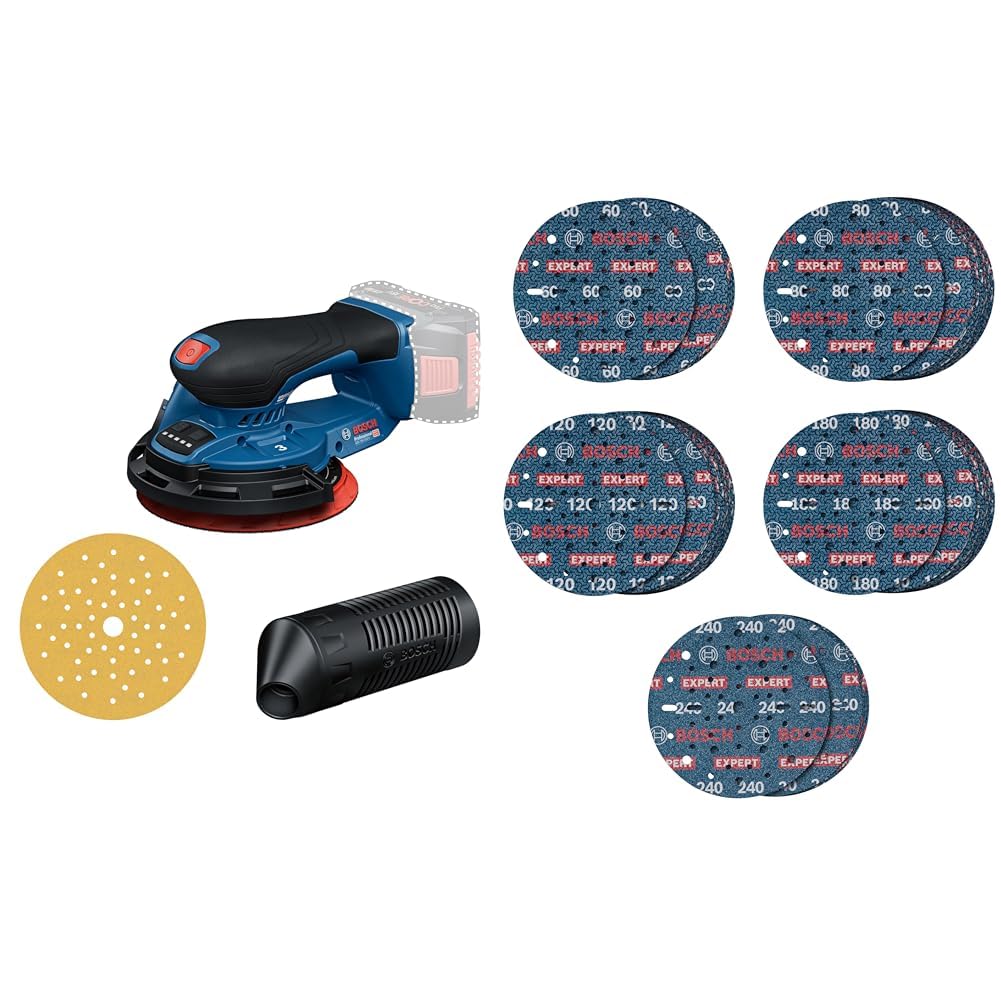Bosch Professional 18V System lijadora a batería GEX 18V-150-3 (Sin batería/cargador) + Bosch 55x Set de 55 discos de lija para láminas EXPERT O780, Ø150 mm