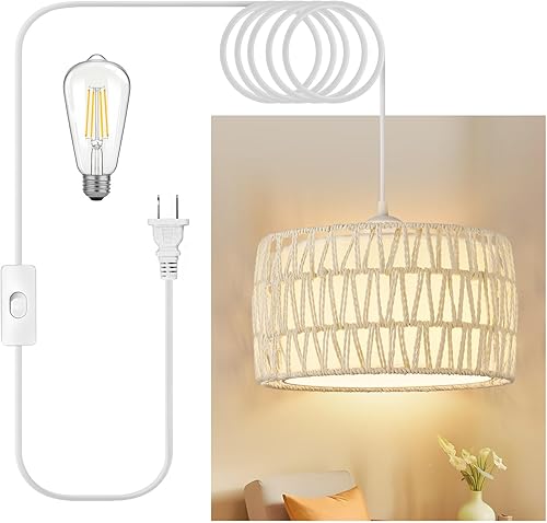Miniatura 10 de Lámpara colgante enchufable, luces colgantes de ratán con cable enchufable, pantalla tejida y de tela 2 en 1, lámpara colgante enchufable para