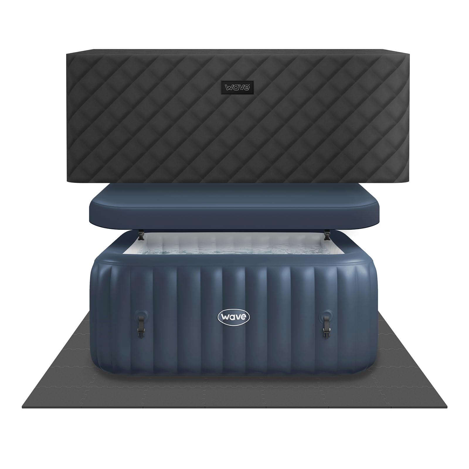 Wave Pacific 4-6 Person Inflatable Hot Tub | Integrated Eco Heater | 110/130 Aquajet Massage System | Anti-Freeze Protection | Quick 15-Minute Setup (Navy, 6 Person | EnergySave Bundle)