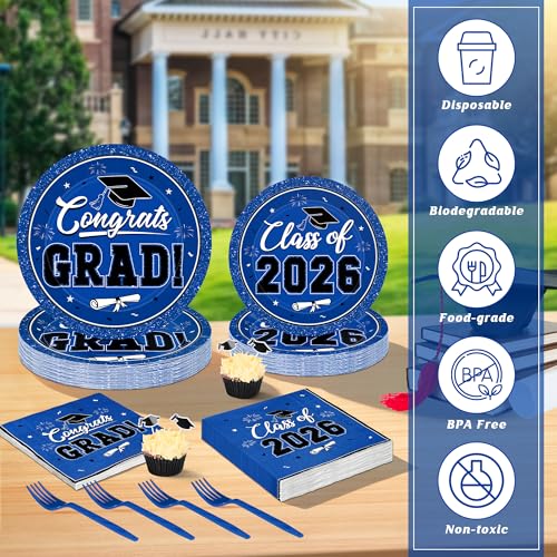 Image of 200Pcs Graduation Decorations 2026, Blue Graduation Plates and Napkins Party Supplies for 50 Guests, Disposable Grad Plates, Napkins, Dessert Plates and Forks for Grad Decor Wedding Birthday Supplies