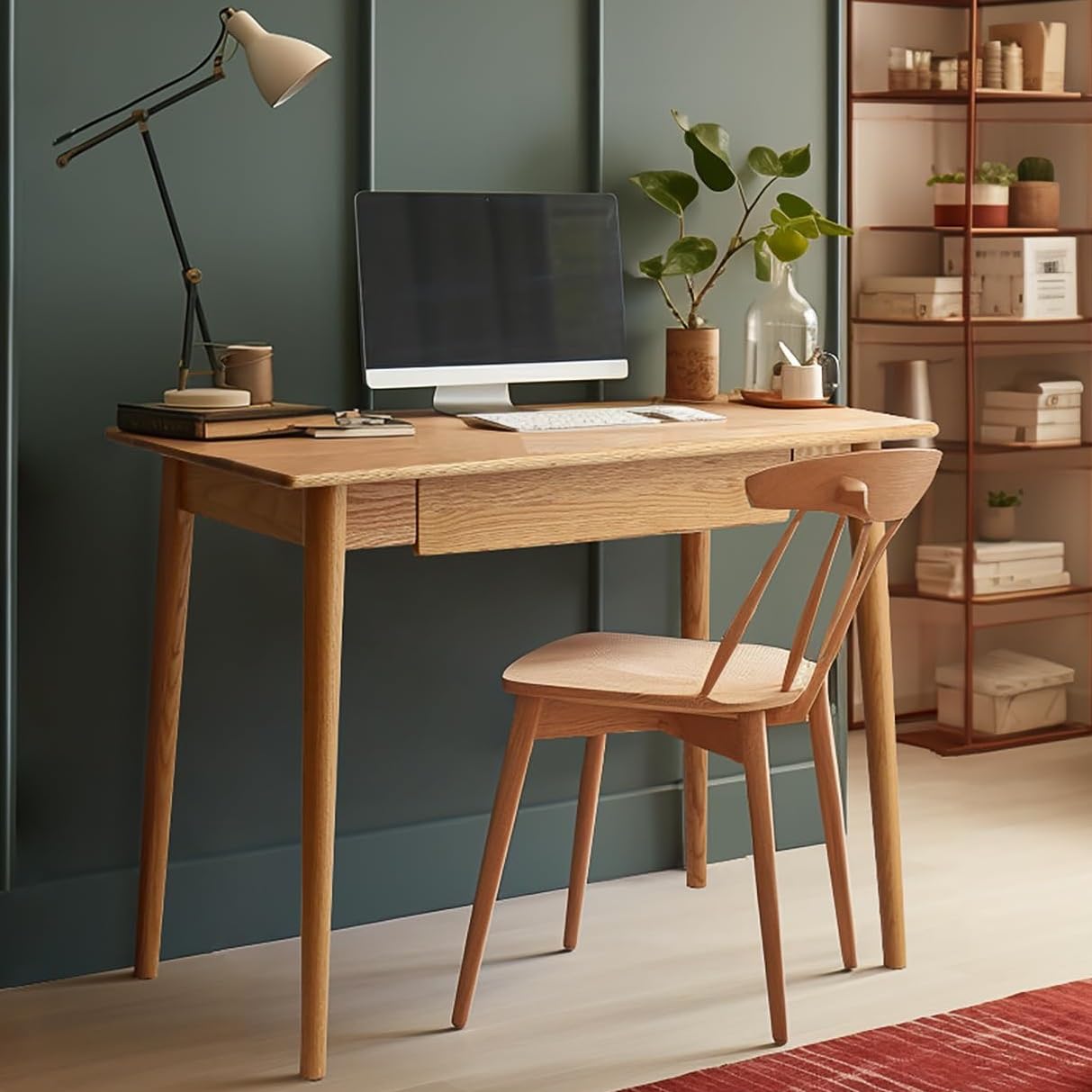 100% Solid Oak Wood Home Office Desk, 31" Writing Computer Desk with Drawer Mid Century Modern Desk for Home Office Sturdy Writing Workstation