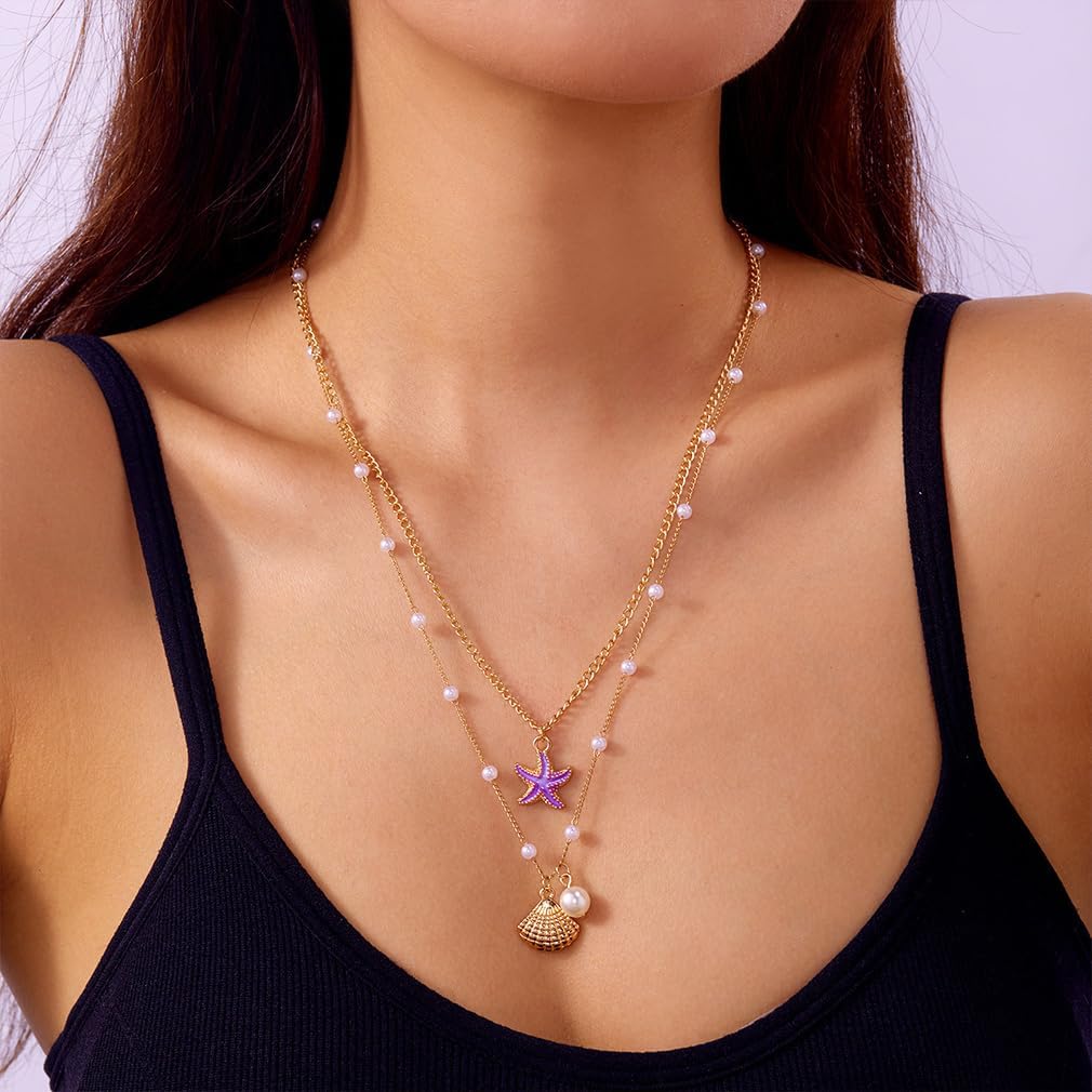 Boho Layered Pearl Seashell Necklace for Women Dainty Long Layering Pearls Starfish Choker Star Shell Statement Necklaces Trendy Beach Vacation Jewelry - Image 4