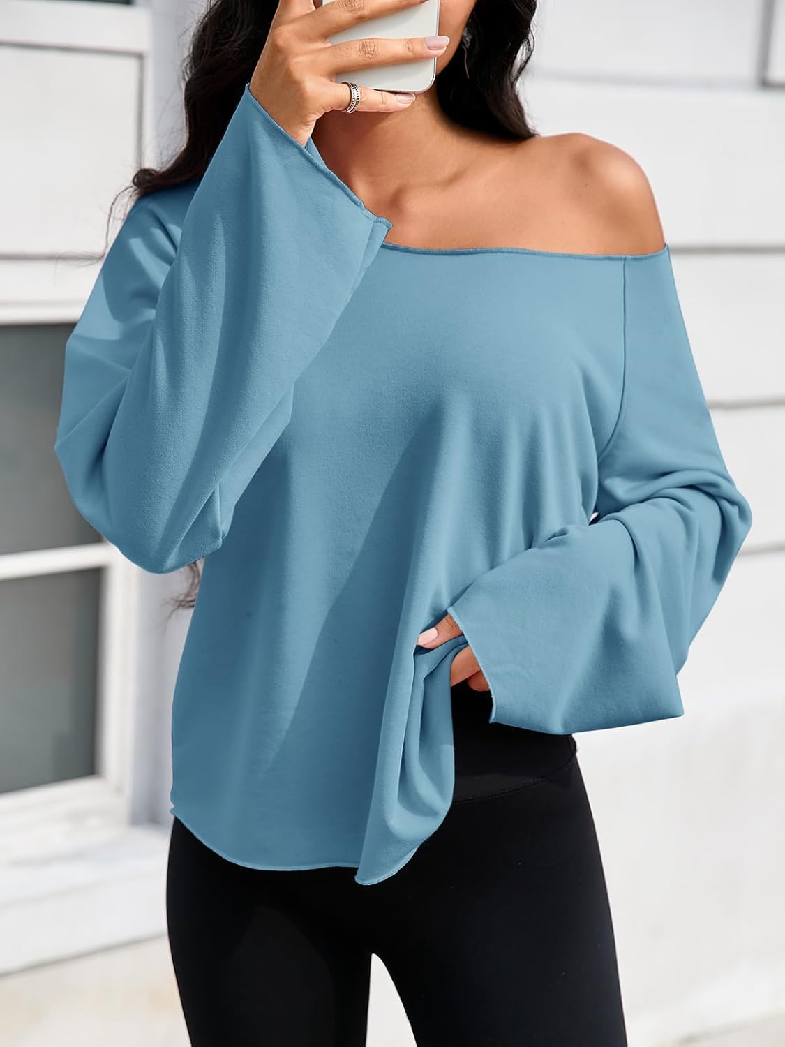 Fisoew Womens Off The Shoulder Tops Sweatshirts Lightweight Oversized Pullovers Long Sleeve Y2k Loose Fit Tunic Tops - Image 3