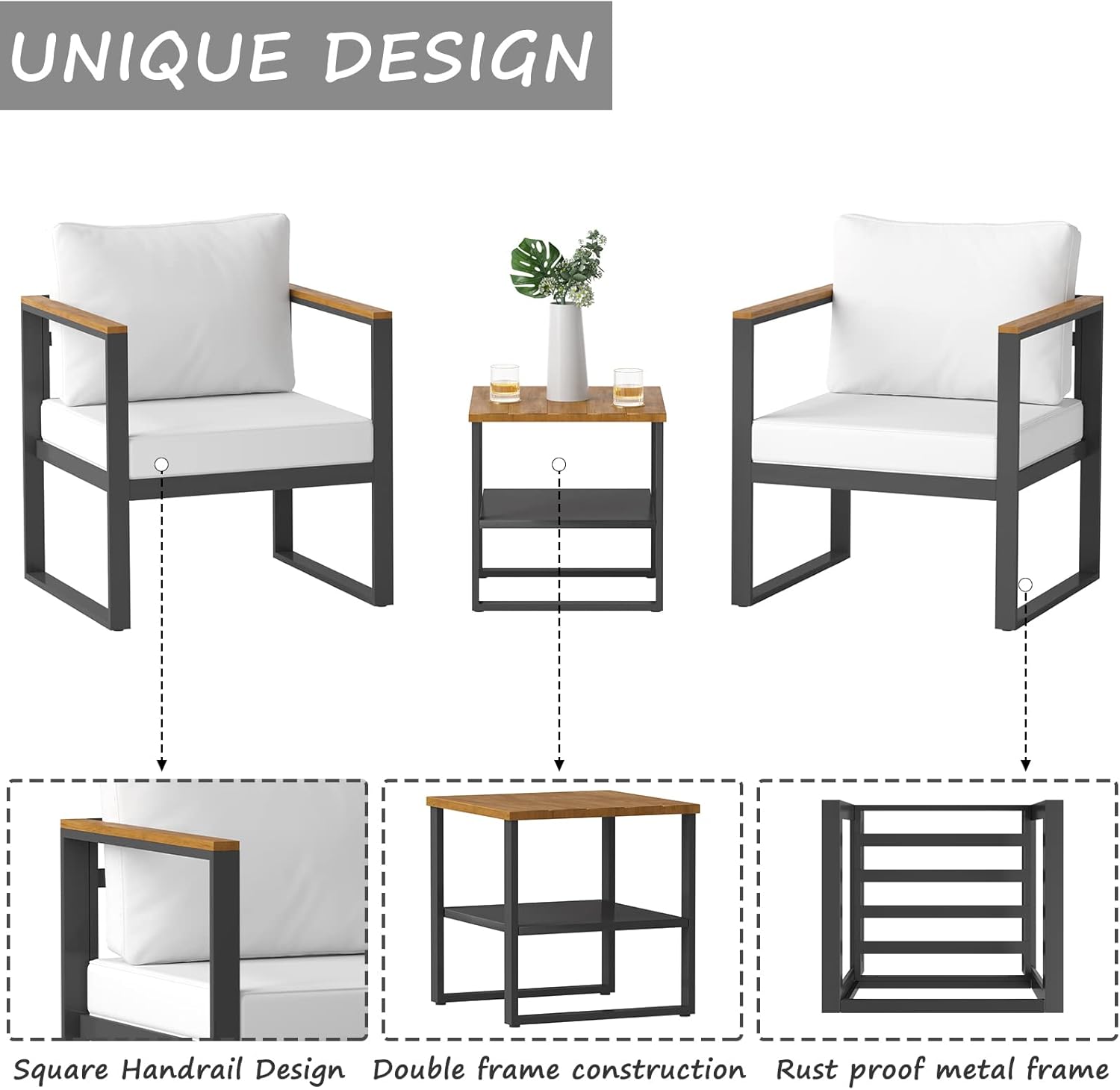 Bella Villa 3 Pieces Patio Set Outdoor Black Steel Patio Furniture Sets, 3 Pcs Modern Bistro Set with Water Resistant Cushion, Patio Conversation Sets with Coffee Table for Balcony and Lawn （Beige） : Patio, Lawn & Garden