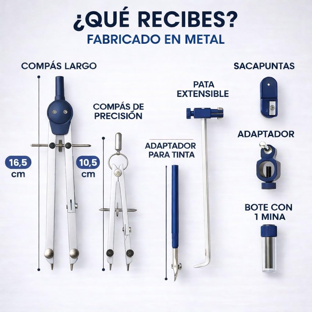 Compas Dibujo Tecnico Profesional - Compás Escolar de Precision con Rueda de Ajuste Bachillerato y Secundaria - Compasso Escolar Dibujo Tecnico de Metal - Compas Grande Dibujo Técnico y Plastica Azul