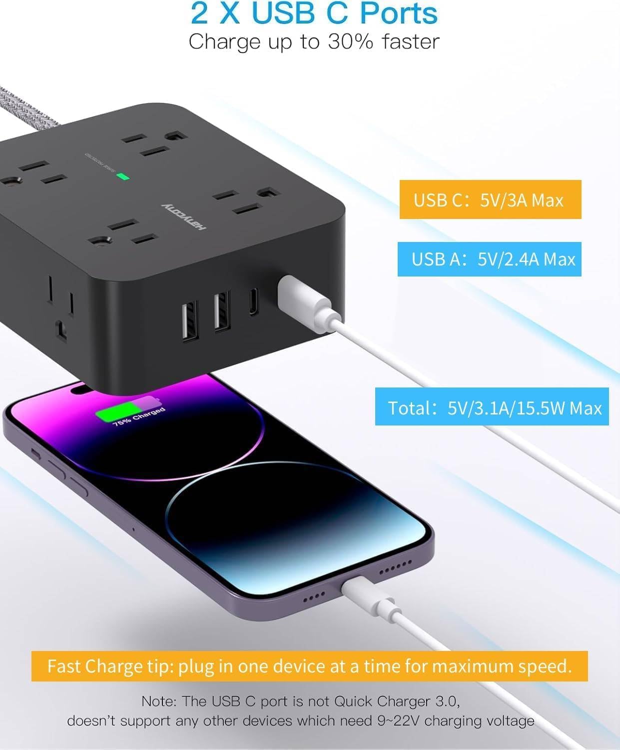 Power Bar Surge Protector, 8 Outlets with 4 USB Charging Ports(2 USB C), 3 Side Outlet Extender with 5 Ft Braided Extension Cord, Flat Plug, Wall Mount, Desk Charging Station for Office Home - 3
