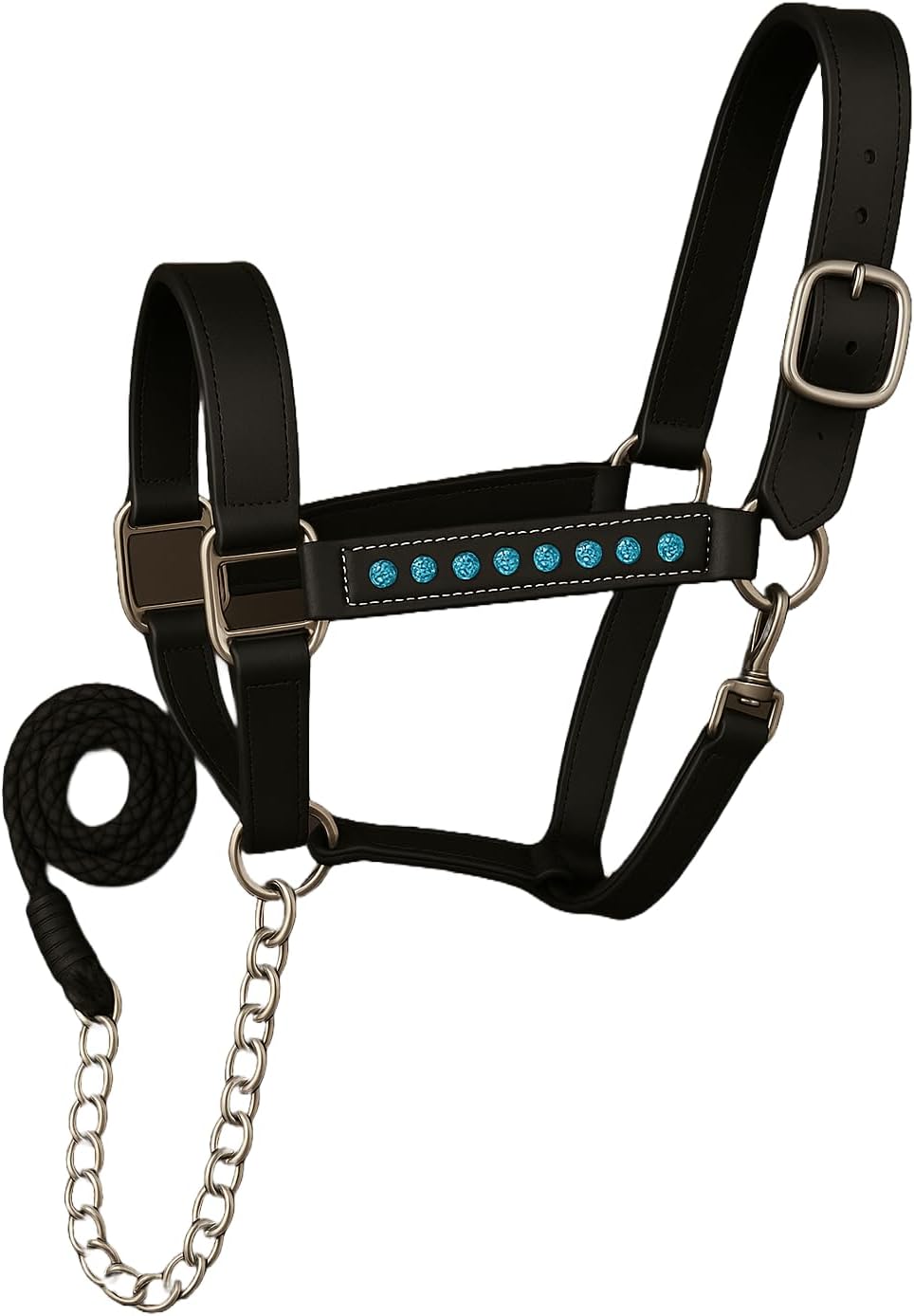 Handcrafted Leather Horse Halter – Tooled Design with Crystals, Cushioned Padding, Adjustable Fit, Chain Lead Pony M164