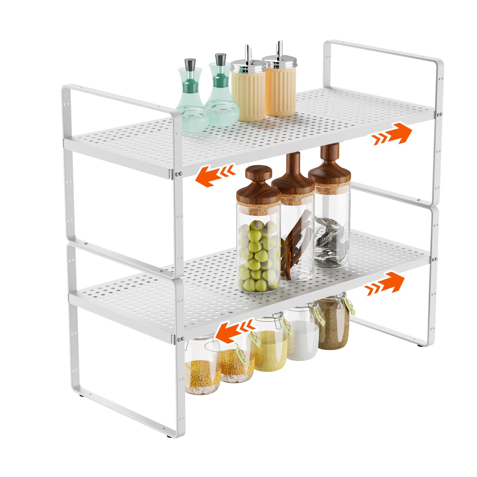 DPZM 2Pack Expandable Kitchen Counter Shelf, Stackable Shelves for Kitchen Storage Cabinets, Adjustable White Metal Spice Rack Shelf Riser Countertop Organizer for Kitchen Cabinet, Pantry and Cupboard