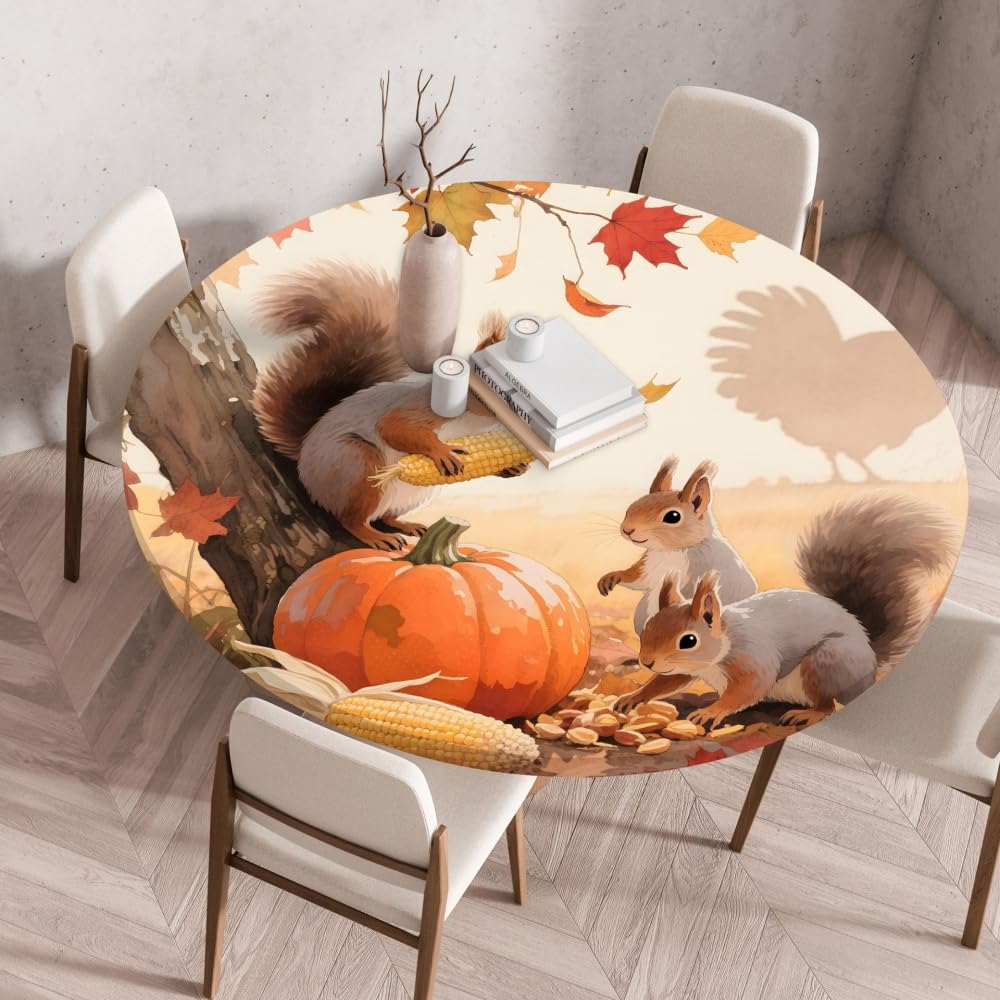 Odot Elastic Edged Round Fitted Tablecloth Autumn squirrels Protector Wipeable Circle Tablecloth, Table Cover Wipe Clean for Kitchen Dining Room Picnic Tabletop (Maple Pumpkin 1,130cm)
