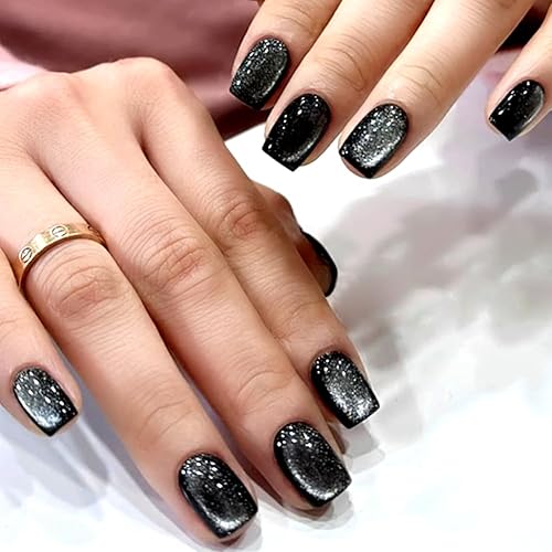 Uñas postizas a presión negras - Uñas falsas cortas cuadradas con diseños de ojo de gato de Sparm, uñas acrílicas a presión, uñas adhesivas