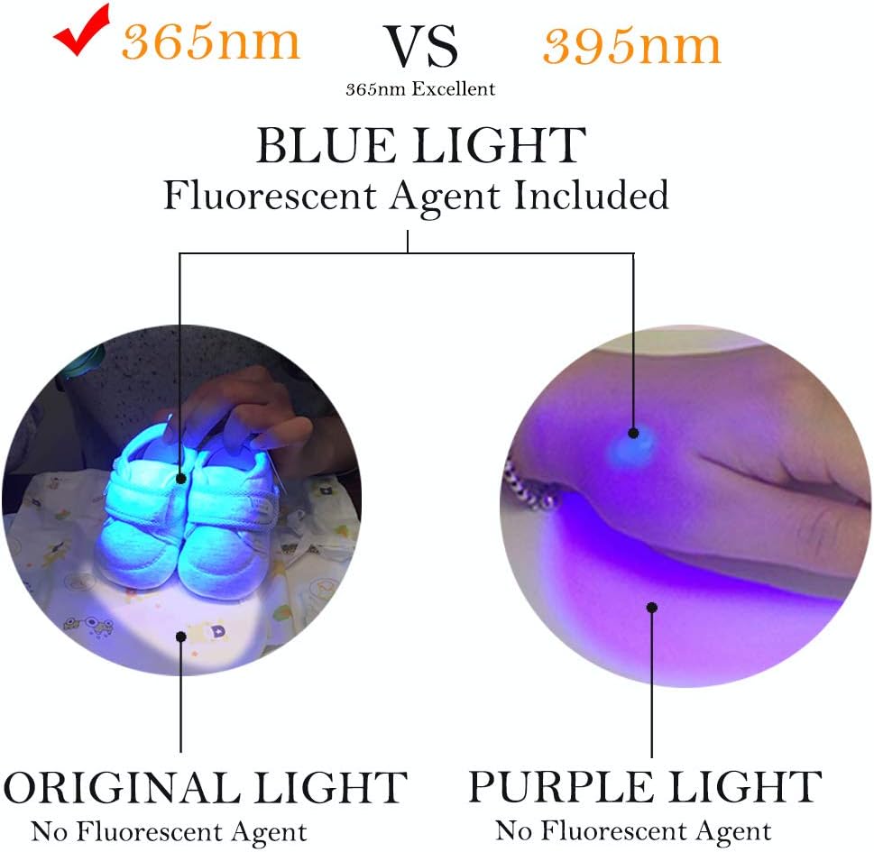Comparison between 365nm and 395nm UV light showing 365nm revealing fluorescent agents more effectively