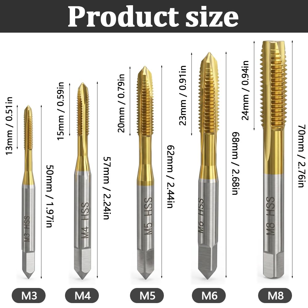 Maschi per Filettatura M3-M8 Titanio Rivestito HSS Strumenti per Maschiatura, 5 Pezzi