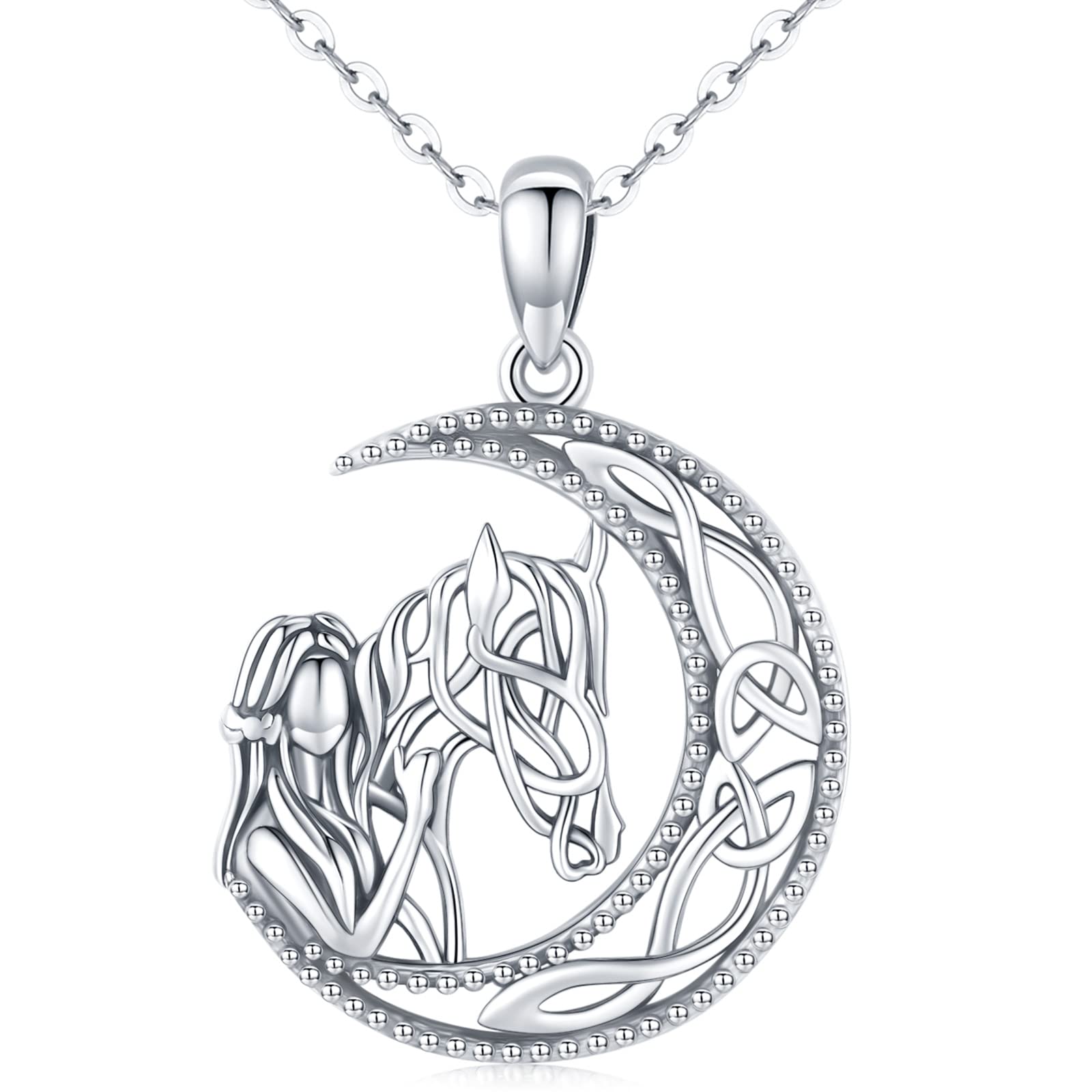 Swanwave Horse Necklace for Women 925 Sterling Silver, Girl With Horse Crescent Moon Pendant Jewelry For Girls