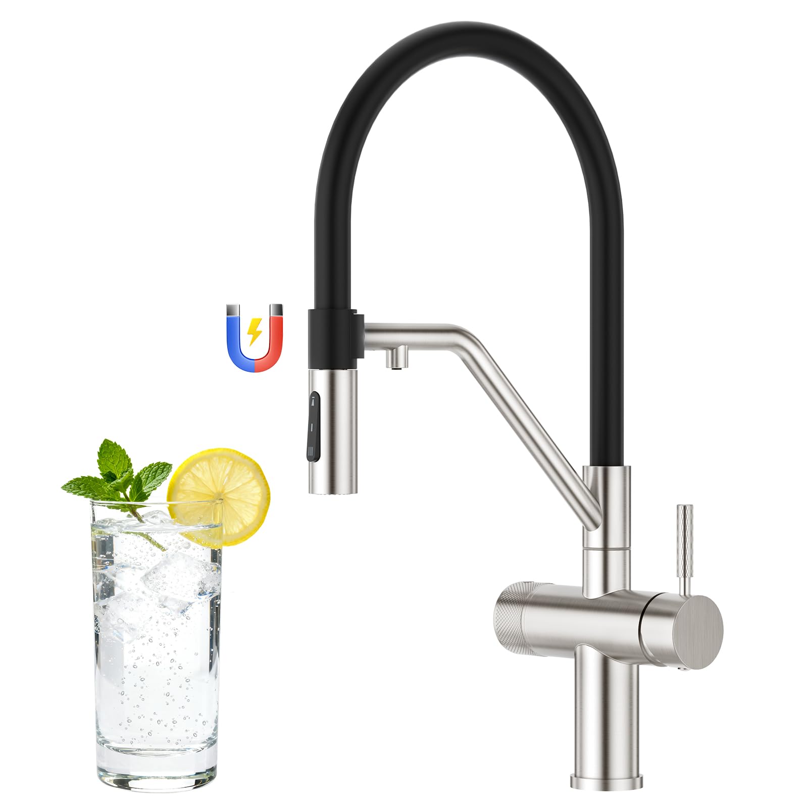 Faustina 4 Wege Küchenarmatur abnehmbar, Doppelhebel Armatur Wasserhahn Küche mit Trinkwasser und Sodawasser Spültischarmatur mit Schwarzer flexibler Silikon Weichschlauch