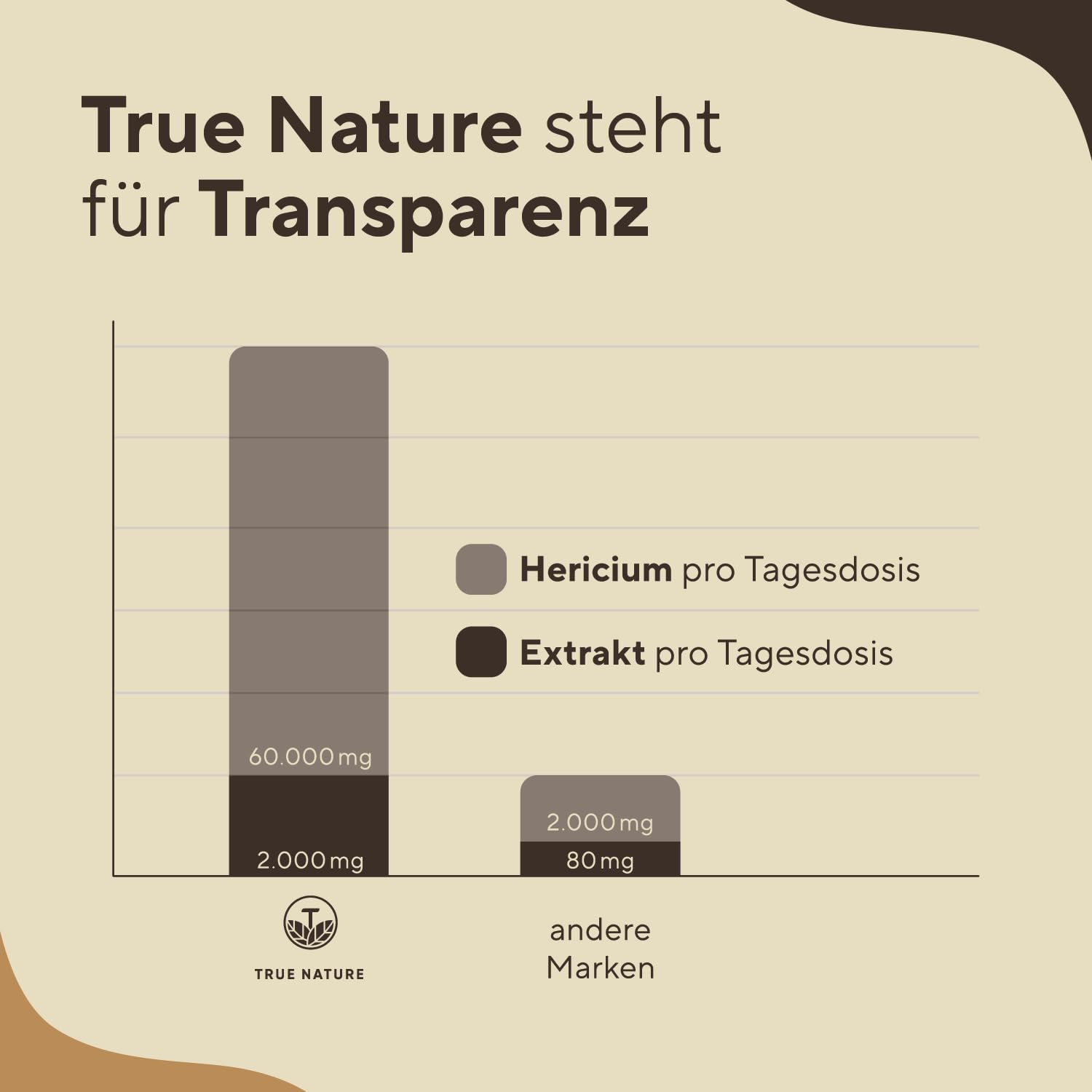 Lions Mane - 360 Kapseln - 2000mg pro Tag - 30:1 Extrakt (60000mg Hericium/Löwenmähne Pilz) - 30% Polysaccharide & 5% Beta Glucan - 500mg Hericium Erinaceus je Kapsel - Laborgeprüft - TRUE NATURE