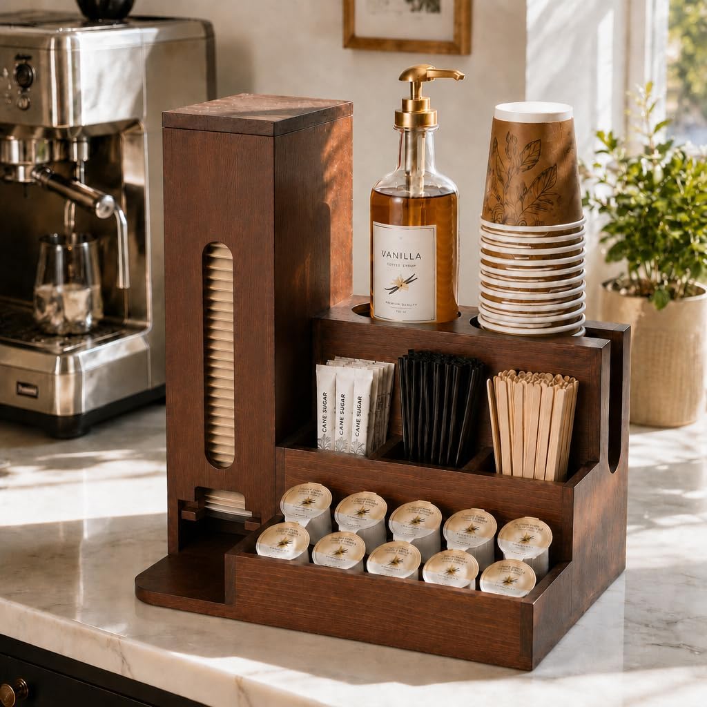Wooden Coffee Station Organizer for Countertop, Coffee Bar Organizer with Gravity Sugar Packet Dispenser, Clear Window and Cup Holder, Rustic Coffee Condiment Organizer for Home or Office
