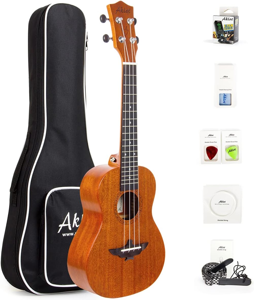 AKLOT Left Hand Concert Ukulele Solid Mahogany 23 Inch Uke with Free Tutorial and Beginner Kit (Gig Bag, Picks, Tuner, Strap, String, Cleaning Cloth, Starter Manual)