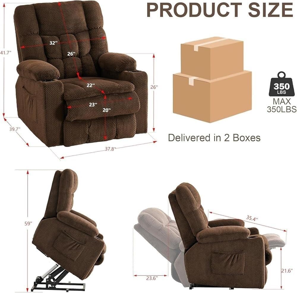 Living Room Electric Lift Recliner Chair with Heat Massage for Elderly Oversized Leather Sofa Side Pockets USB Remote Cup Holders Comfort