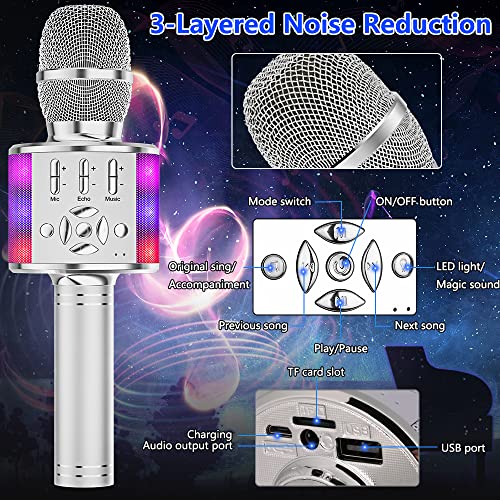 Image of Amazmic Kids Karaoke Microphone Machine Toy Bluetooth Microphone Portable Wireless Karaoke Machine Handheld with LED Lights, Gift for Children Adults Birthday Party, Home KTV(Silver)