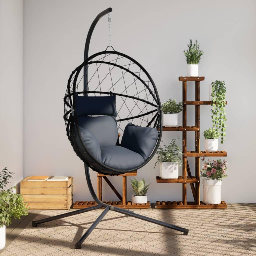 Fauteuil suspendu avec support, design œuf, anthracite, aspect rotin, fauteuil flottant pour salon et jardin, avec rembourrage confortable