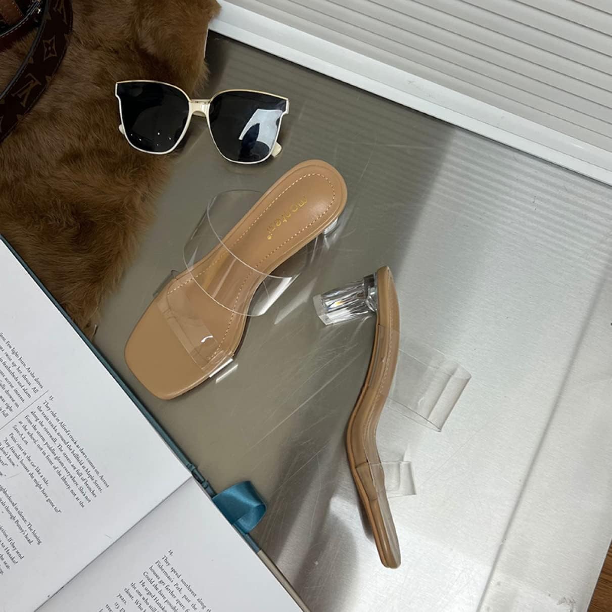 [XYJP] クリア ミュール サンダル レディース 美脚 オープントゥ ヒール7cm アンクル ストラップ パンプス PVCクリア