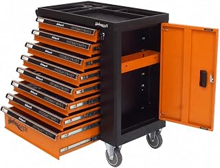Werkstattwagen leer mit 8 Schubladen und Seitentür, Werkzeugwagen Montagewagen abschließbar mit Vollauszug, ABS-Ablage, 125 mm Rollen, Stahl, Orange Schwarz, für Werkstatt Garage Kfz