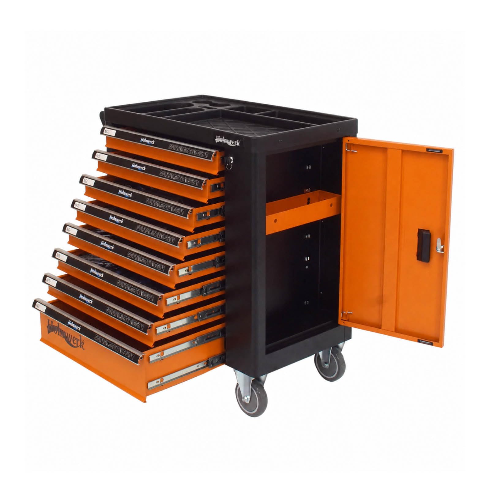 Werkstattwagen leer mit 8 Schubladen und Seitentür, Werkzeugwagen Montagewagen abschließbar mit Vollauszug, ABS-Ablage, 125 mm Rollen, Stahl, Orange Schwarz, für Werkstatt Garage Kfz