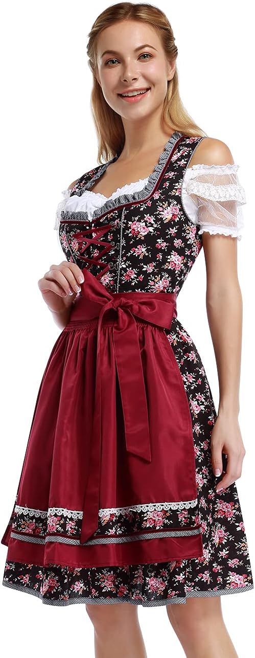 KOJOOIN Women's Dirndl German Dress Oktoberfest Costume Dresses for Bavarian Oktoberfest Festival 3pcs-Red Flowers M - Image 2