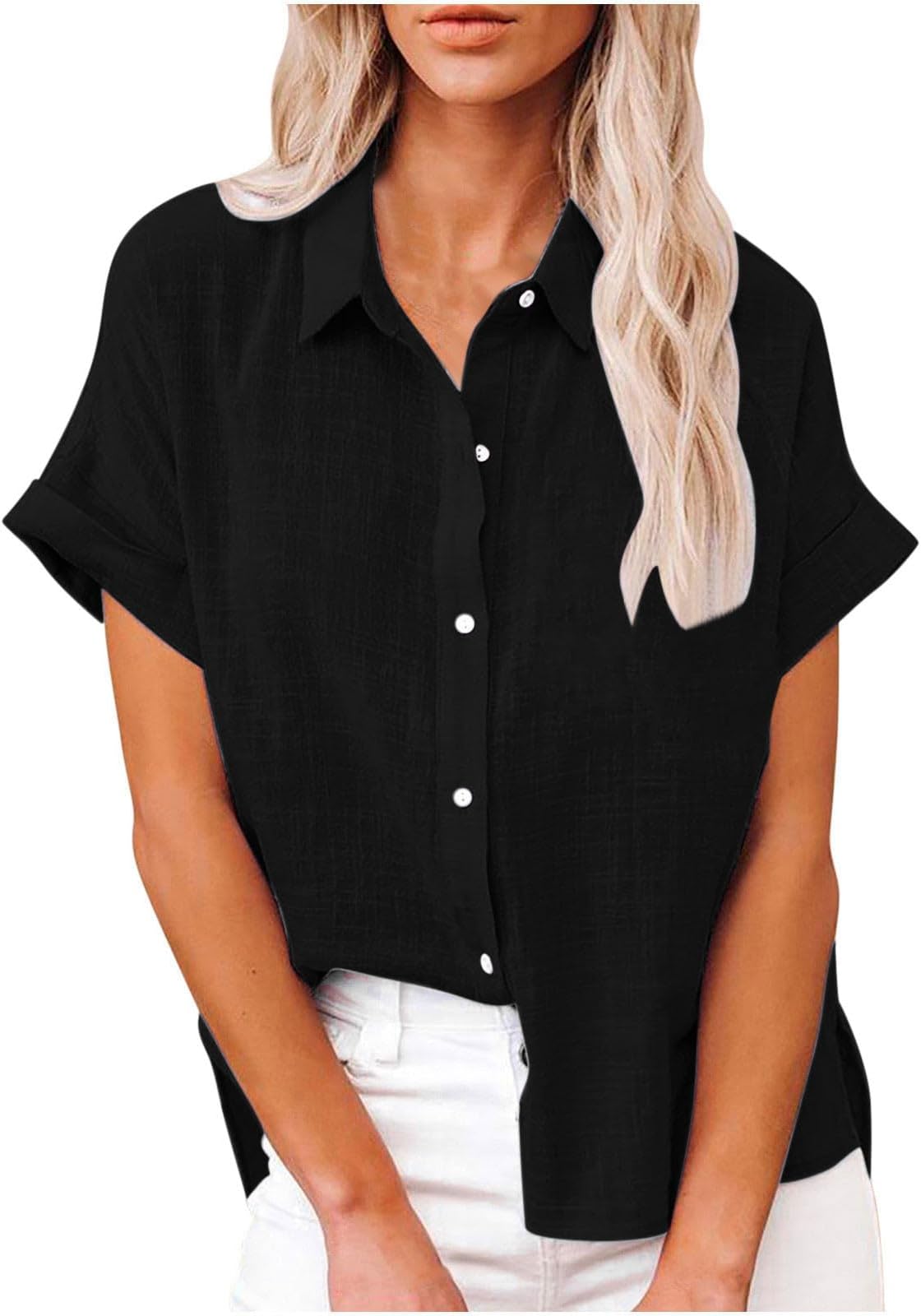 Aopirtawomen 2024 summer button down shirts short sleeve linen beach vacation tunic tops collared v neck trendy blouses