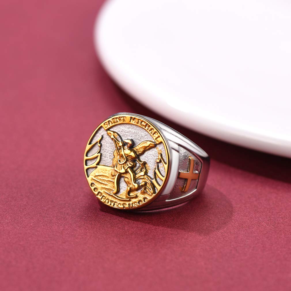 FaithHeart Anello Uomo San Michele Amuleto in Acciaio Inox 316L Antiallergico Argento Nero Retro Rilievo 3D Misure IT 14-32 Disponibili Gioielli Talismano Regalo Compleanno