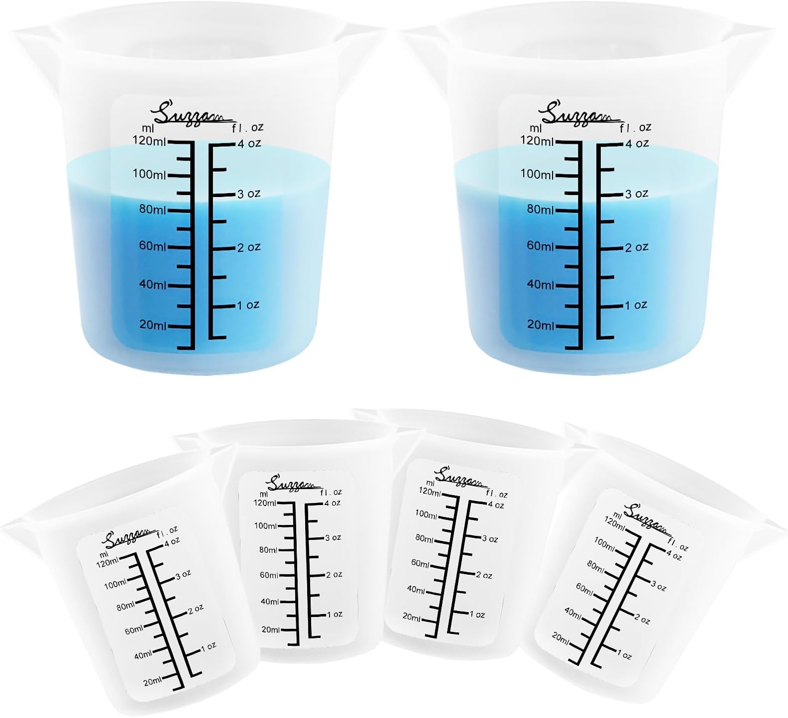 Suzzam 6pcs Silicone Measuring Cups Kits for Resin, 120ml Clearly 2 Scales Measuring Cups, Reusable Easy Clean Resin Supplies for Resin Mixing, Casting Moulds
