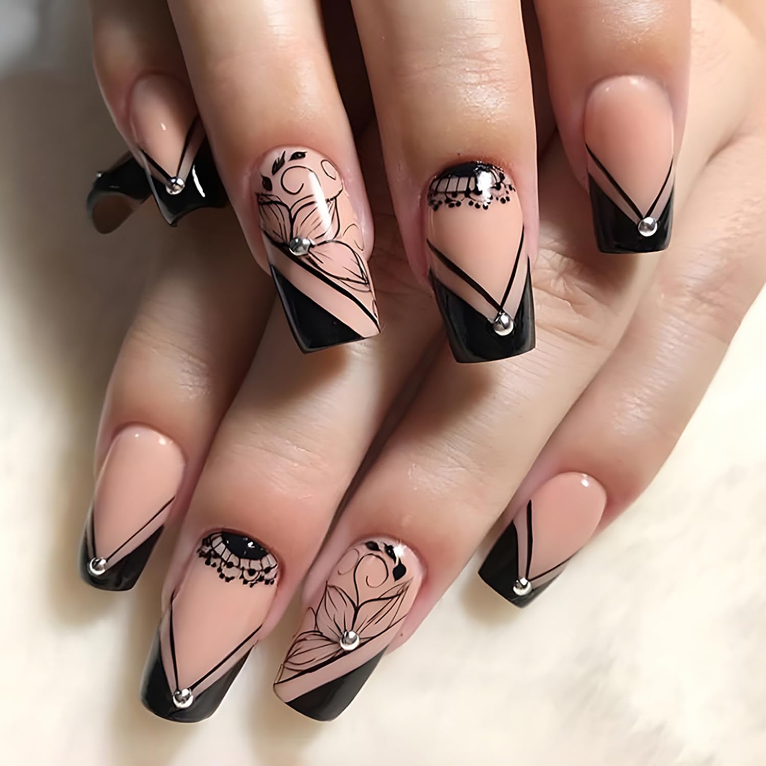 Press on Nails Medium Square Black French False Nails Flower Fake Nails Artificial Acrylic Nails with Rhinestones Design Full Cover Reusable Coffin Nails Glue on Nails for Women 24Pcs