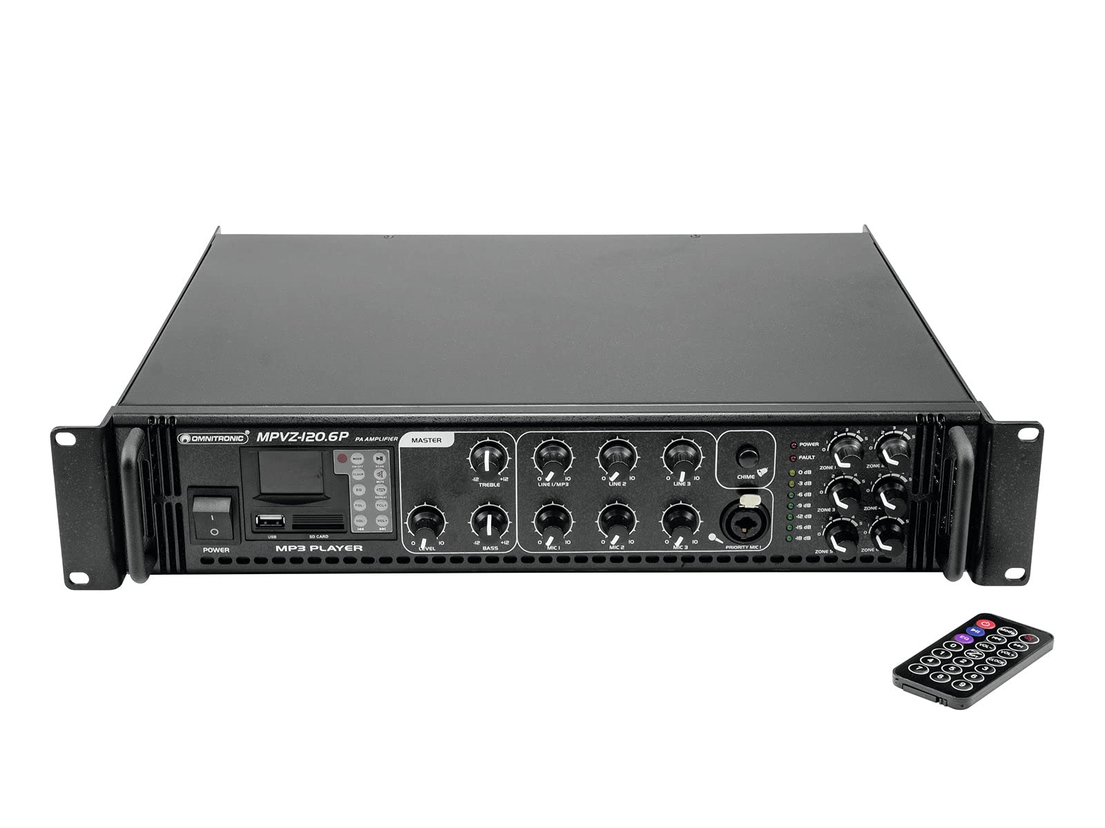 OMNITRONIC MPVZ-120.6P Mischverstärker | 6-Zonen-ELA-Mono-Mischverstärker, MP3-Player & IR-FB, Zonen regelbar, 120 W