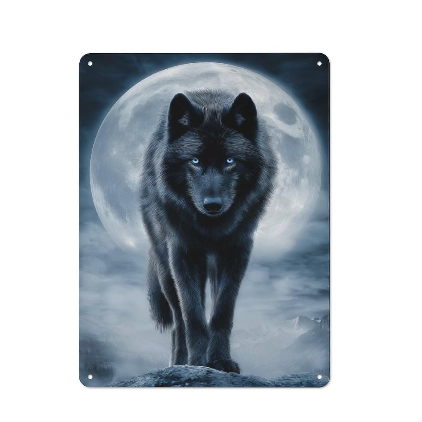 Junmoney Style-16 Black Wolf In Moonlight Understated Metal Wall Decor 40X30cm, Office Metal Sign For Office, Study, Studio Or Hallway
